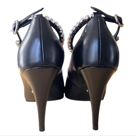 GUCCI Crystal Ankle Strap Leather Pumps Heels Black 37 Style # 590988